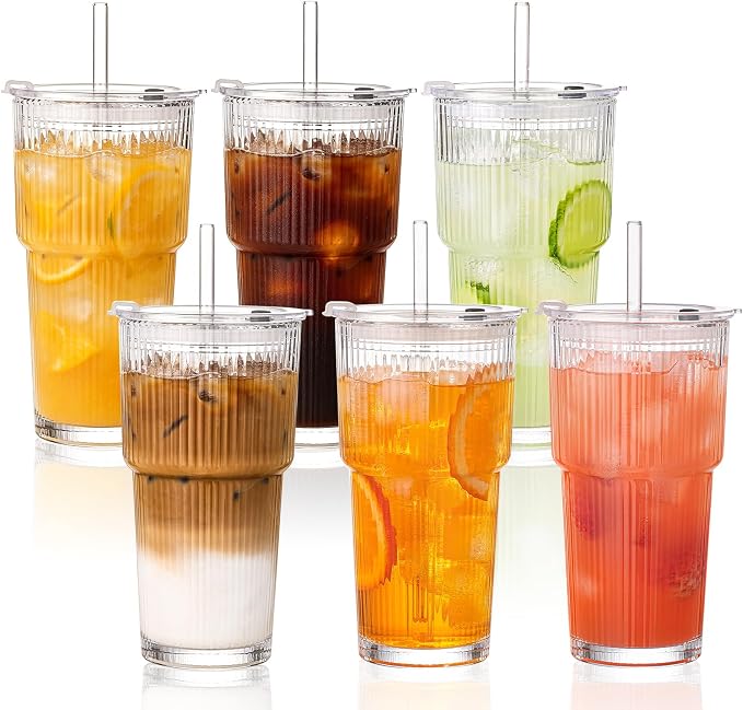 20oz Iced Coffee Cups with Lids, Ribbed Glass Cups with Lids and Straws | Thick by GOSCHE