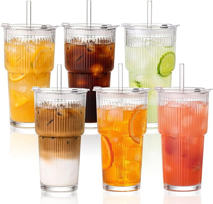 20oz Iced Coffee Cups with Lids, Ribbed Glass Cups with Lids and Straws | Thick by GOSCHE