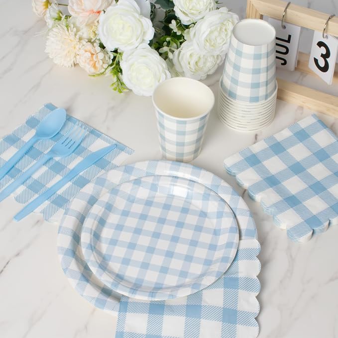 Vyntra 175 Pcs Blue & White Checkered Gingham Paper Plates and Napkins Set - Image 6