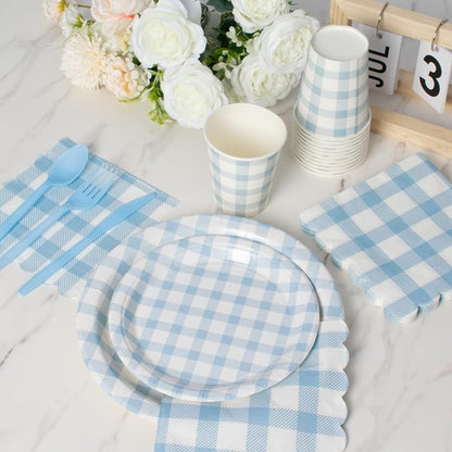 Vyntra 175 Pcs Blue & White Checkered Gingham Paper Plates and Napkins Set - Image 6