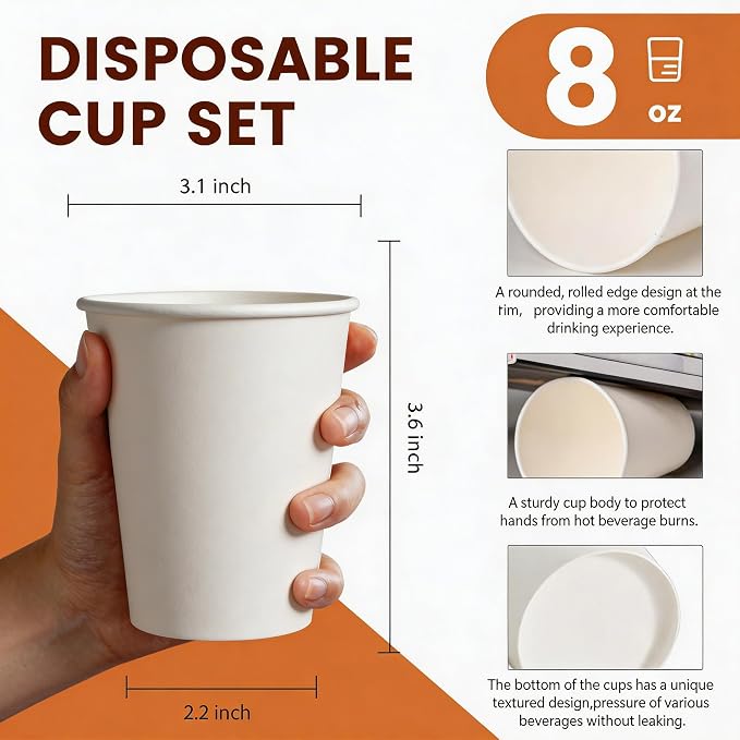 MOUMOULIFE Disposable Paper Coffee Cups 8 oz 500 Count Bulk, Leak-Proof White - Image 3