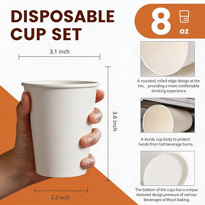 MOUMOULIFE Disposable Paper Coffee Cups 8 oz 100 Count, Leak-Proof White - Image 3