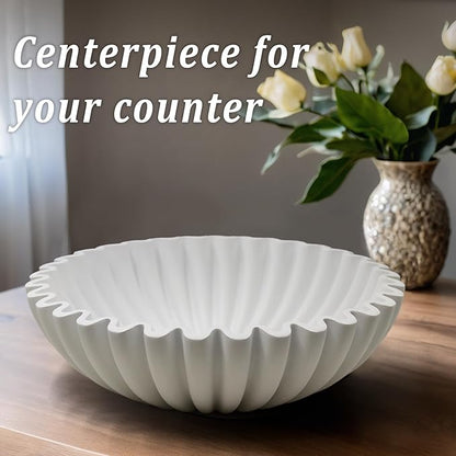 Ruffle Decorative Bowl, Large Fruit Bowl for Kitchen Counter, Stylish Key Bowl for Entry Table, Handcrafted Home Decor Display bowl, White