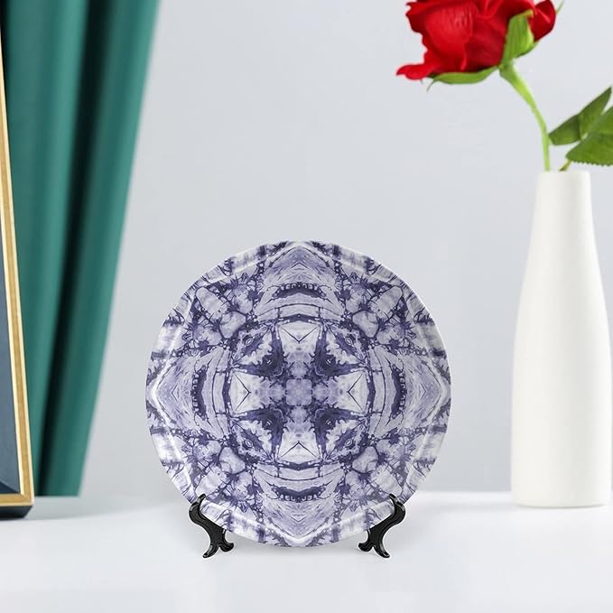 Ceramic Plates, Abstract Decorative Ceramic Plates, Modern Art Generated Resisting Twisting Fractal, 10 Inch, Household Plates Decorative, Lavender Blue Indigo