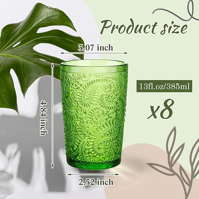 Reallnaive 13 oz Green Drinking Glasses Set of 8, Vintage Glassware - Image 2