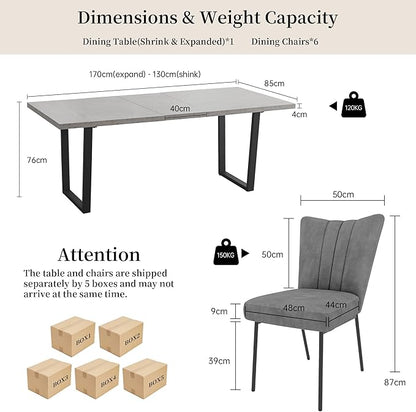 ZckyCine Modern Mid-Century Dining Table Set for 6-8 People Kitchen Dining Room Table Set Extendable Wood Dining Table and 6 Upholstered Chairs, Home Kitchen Furniture