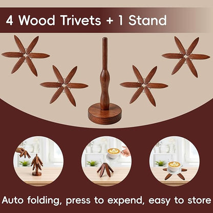 Wooden Trivets for Hot Dishes, Wooden Tree Trivet Set, Natural Tree Trivet Set - Foldable Coasters for Kitchen Counter, Hot Pots and Pans, Heat Resistant Table Protectors