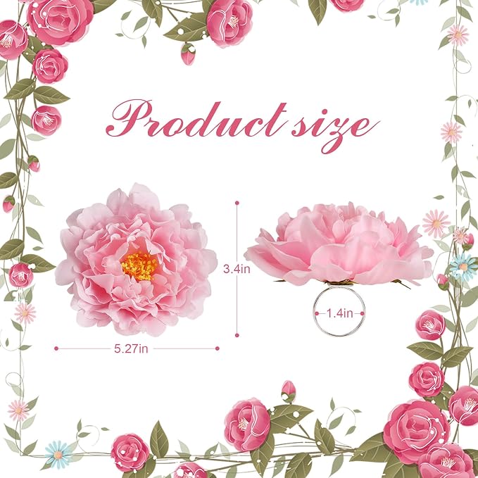 Pink Peony Napkin Rings Set of 8, Big Faux Floral Napkin Ring Buckles Holder - Image 6