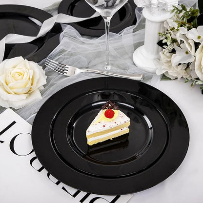 FLOWERCAT 100PCS Black Plastic Plates - Heavy Duty Black Disposable Plates for Birthday Party/Wedding/Father's Day- serve 50guests 10 inch and 7 inch Set