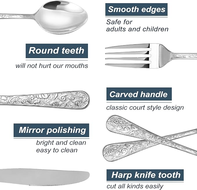 Runfly Vintage Carved Silver Stainless Steel 20-Piece Flatware Set | Silverware - Image 3