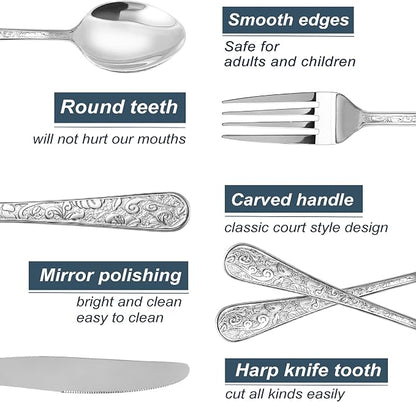 Runfly Vintage Carved Silver Stainless Steel 20-Piece Flatware Set | Silverware - Image 3