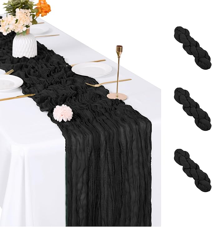3 Pack Black Cheesecloth Table Runner, 17 x 108 inch, Semi Sheer Boho Cheese by ACSUIT