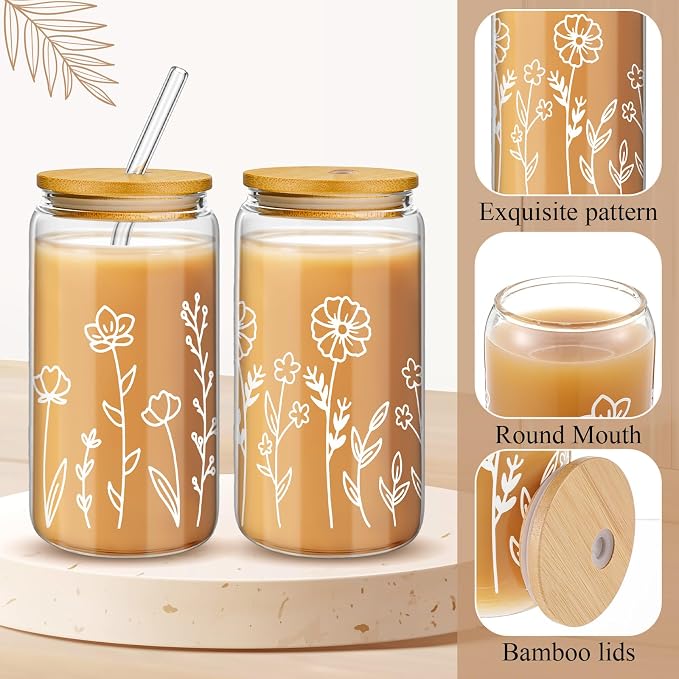 Mumufy 2 Pack Glass Cups Gift Aesthetic Cute Glass Cup Tumbler Flower Iced - Image 3