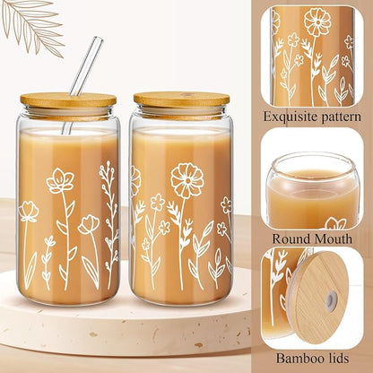 Mumufy 2 Pack Glass Cups Gift Aesthetic Cute Glass Cup Tumbler Flower Iced - Image 3