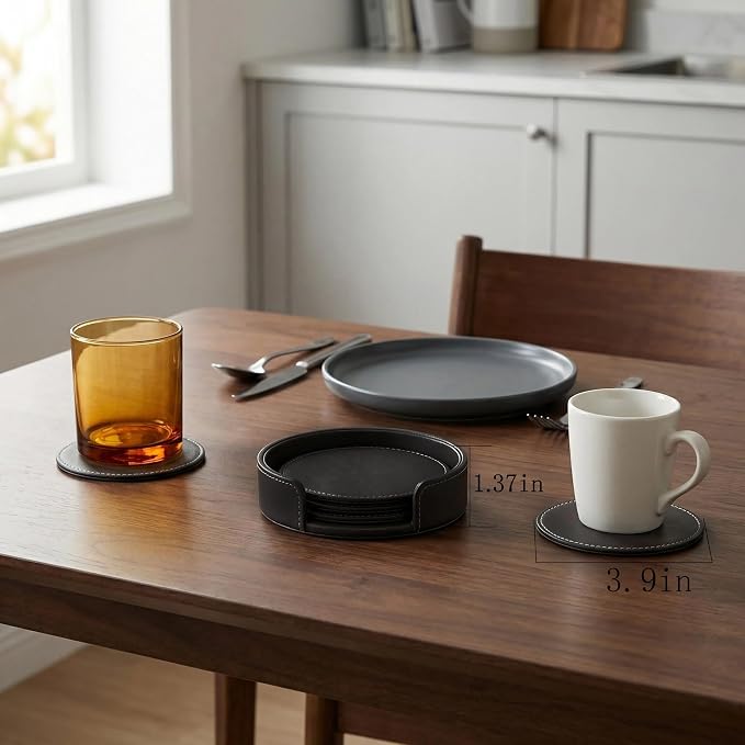 Set of 6 PU Leather Black Bar Drink Coasters - Image 2