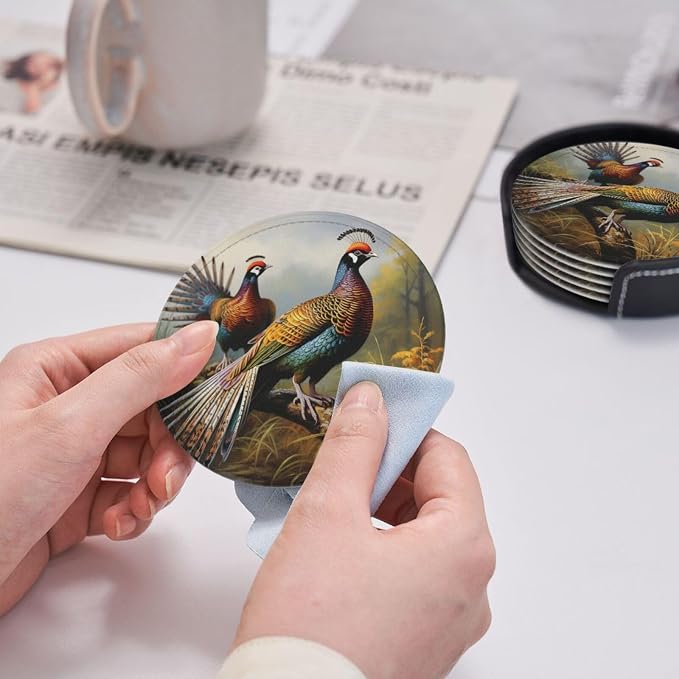 6Pcs PU Leather Coaster for Drinks, Pheasants Animals Cup Coasters - Image 4