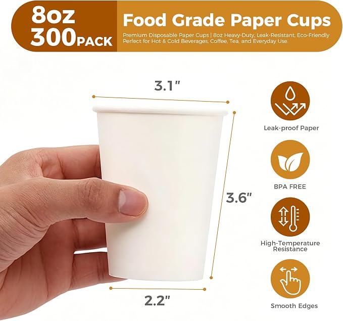 300 Pack 8 oz Paper Cups, Disposable White Hot and Cold Coffee Cups | Water - Image 3
