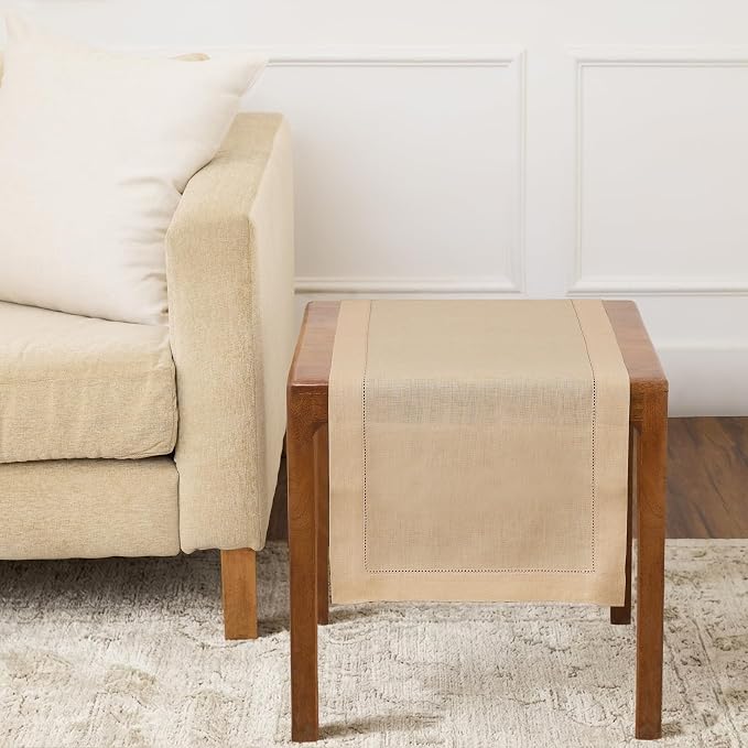 Solino Home 100% Pure Linen Dining Table Runner Beige Hemstitch, 14 x 36 in | by SolinoHome