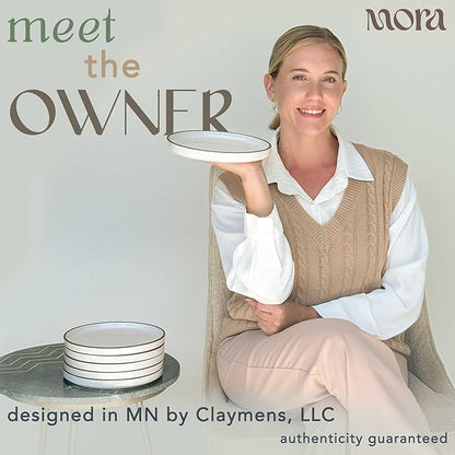 Mora Ceramic Flat Plates Set of 6-8 in - The Dessert, Salad, Appetizer, Small Lunch, etc Plate. Microwave, Oven, and Dishwasher Safe, Scratch Resistant. Kitchen Porcelain Dish - Vanilla White
