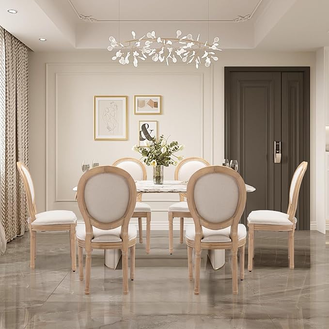 SoarFlash French Dining Chairs Set of 6, Vantage Dining Chair with Round Back, Farmhouse Country Dining Chair for Kitchen,Bedroom,Beige