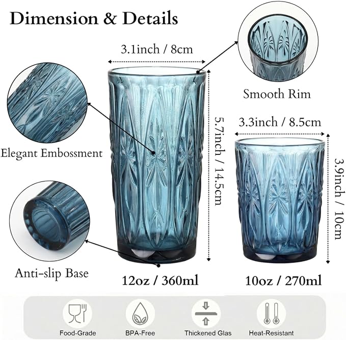 Blue Drinking Glasses Set of 12, 12 Oz Highball & 10 Oz Cocktail Glasses - Image 2