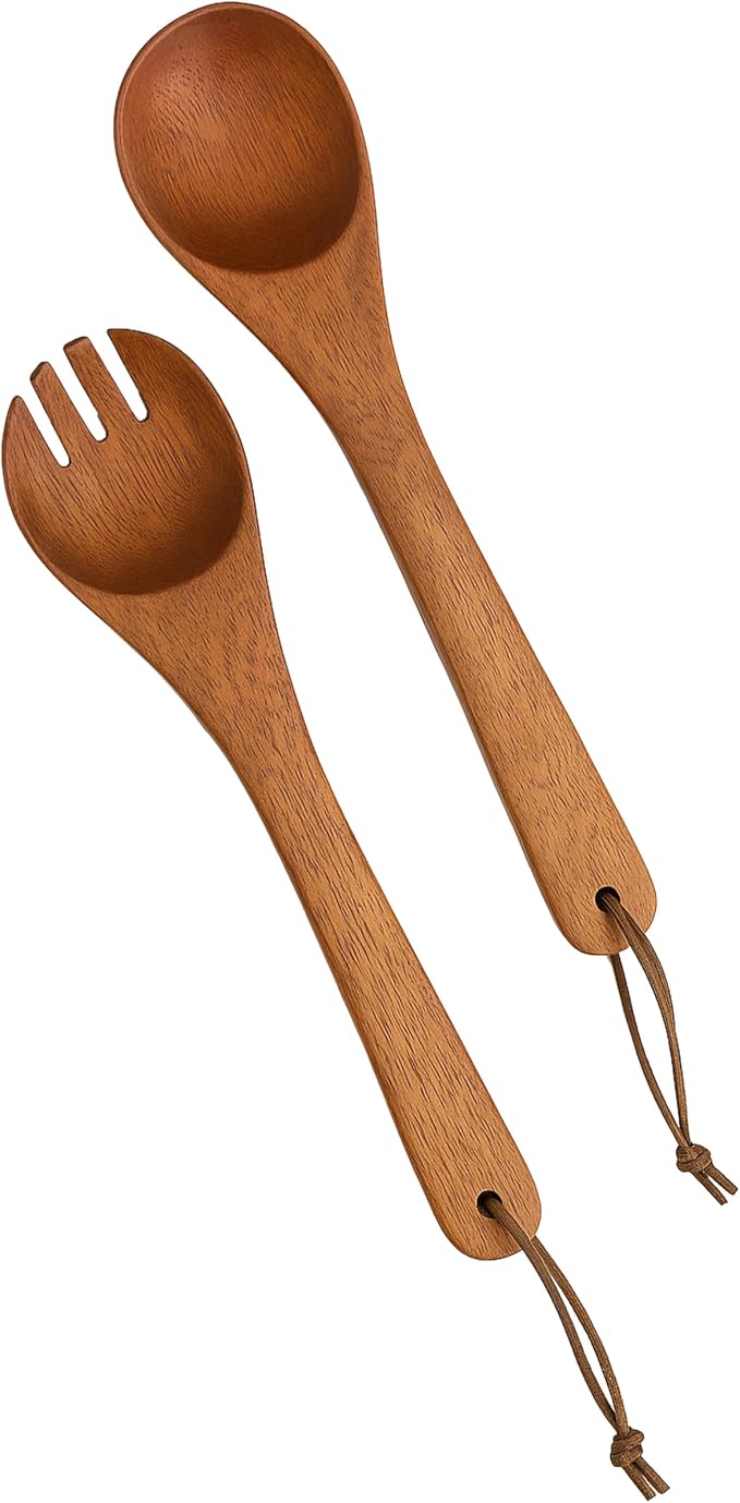 Woodard & Charles 14" Wood Salad Servers w/Leather Strap, Cherry Stain | - Image 5
