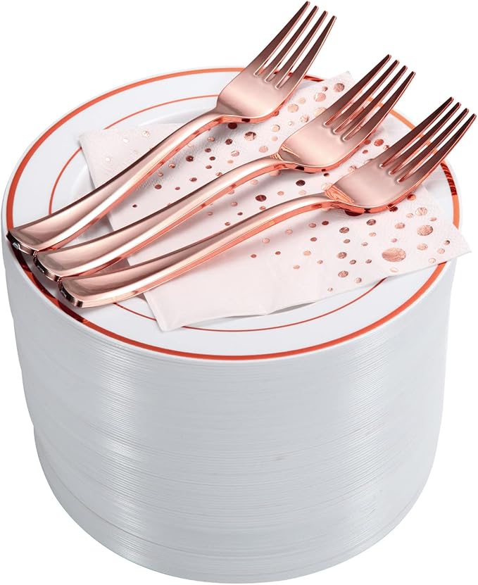 Stylish Rose Gold Dessert Plates, Forks and Cocktail Napkins (100 Set), 7.5 Inch Appetizer Plates or Salad Plates, Wedding Cake Plates, Disposable Plates for Wedding with Rose Gold Napkins