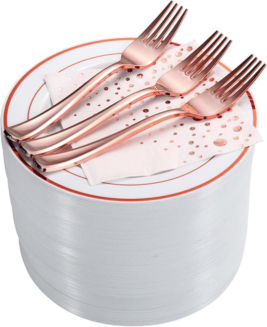 Stylish Rose Gold Dessert Plates, Forks and Cocktail Napkins (100 Set), 7.5 Inch Appetizer Plates or Salad Plates, Wedding Cake Plates, Disposable Plates for Wedding with Rose Gold Napkins