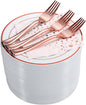 Stylish Rose Gold Dessert Plates, Forks and Cocktail Napkins (100 Set), 7.5 Inch Appetizer Plates or Salad Plates, Wedding Cake Plates, Disposable Plates for Wedding with Rose Gold Napkins