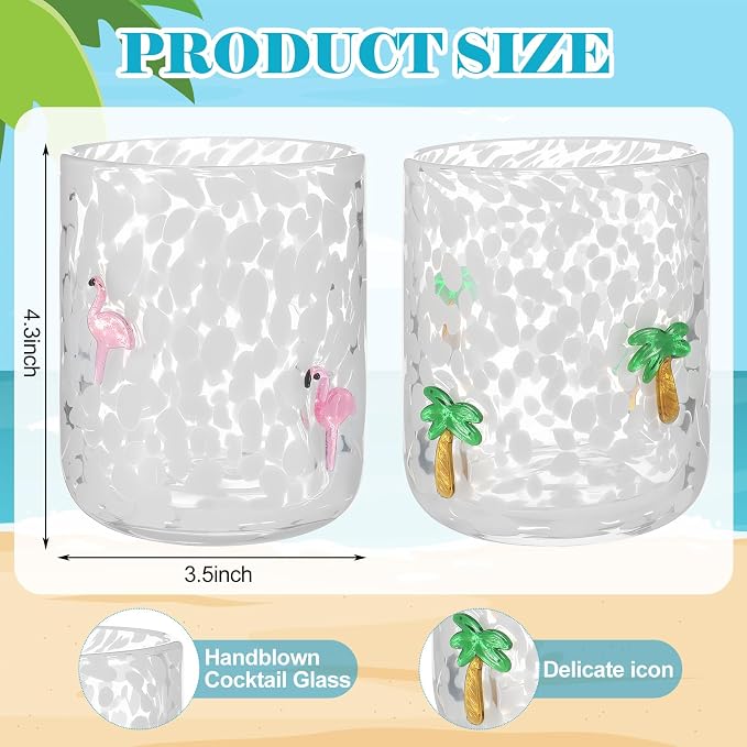 Skylety 2 Pcs Hawaii Icon Juice Rocks Glasses 14 oz Coconut Tree and Flamingo - Image 2
