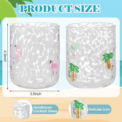 Skylety 2 Pcs Hawaii Icon Juice Rocks Glasses 14 oz Coconut Tree and Flamingo - Image 2