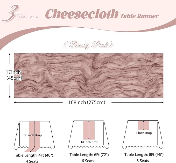 3 Pack Dusty Pink Cheesecloth Table Runner, 17 x 108 inch, Semi Sheer Boho - Image 3