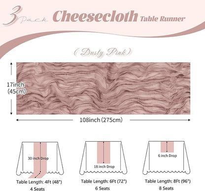 3 Pack Dusty Pink Cheesecloth Table Runner, 17 x 108 inch, Semi Sheer Boho - Image 3