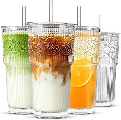 INSETLAN 20oz Ribbed & Floral Glass Tumblers by INSETLAN