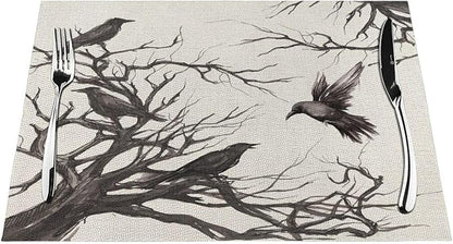 Halloween Placemats 12x18 Inches Set of 4,Black Crows Decorative Rectangle Autumn Halloween Decoration Fall Linen Black Table Mats for Party,Home Kitchen,Dining Table Decorn