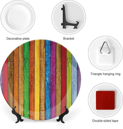 Decorative Plates, Abstract Print Ornament, Vibrant Wooden Artistic Cheerful Art Rainbow Image, 7 Inch, 1 Plate with 1 Display Stand, Multicolor