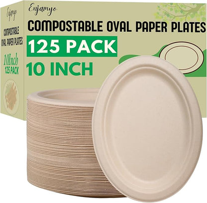 125 Pack Oval Paper Plates,10 Inch Disposable Paper Plates,Super Strong Oval Paper Dinner Plates,Compostable Biodegradable Sugarcane Plates for BBQ,Party,Picnic(Brown)