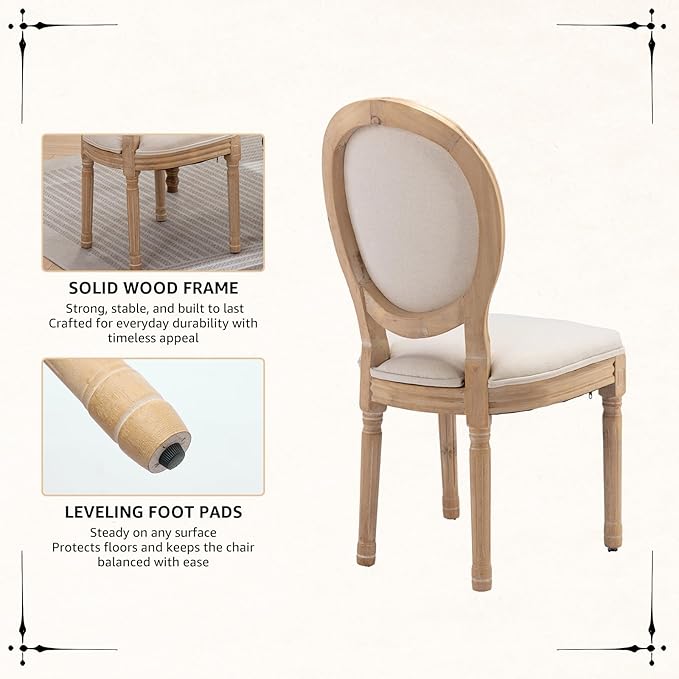 Vintage French Dining Chairs Set of 2, Round Back Accent Chairs with Linen Seat and Solid Wood Frame, Farmhouse Sillas de Comedor Upholstered for Dining Room & Kitchen, Beige