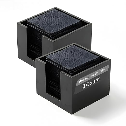 Restaurantware Black Bamboo Napkin Holder Bundle of 2 Square Organizer 5.5 x 5.5 x 4 Inches Cocktail Caddy Durable Open-Top Tray Black