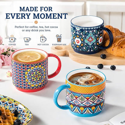 Coffee Mugs Set of 6, 12 oz Ceramic Boho Stackable Cups - Image 4