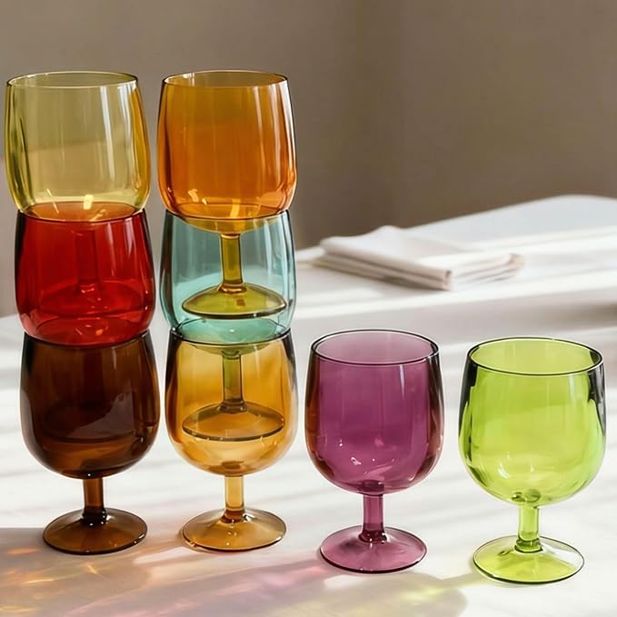 Colored Plastic Wine Glasses Set of 8, Acrylic Short Stem Goblets | 8.5 oz by WowProLiv