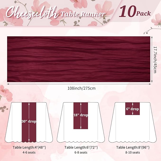 Pesonlook Cheesecloth Table Runner Burgundy, 10 Pack 17.7x108 inch, Long | - Image 2