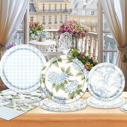 60Pcs Floral Plates and Napkins-Blue White Party Supplies Vintage Flower Tea - Image 3