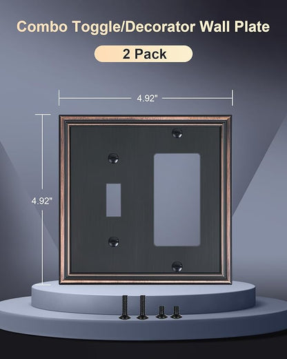 2-Pack Combo Toggle/Decorator Light Switch Cover Plate, Aged Bronze Decorative Electrical Outlet Covers, Durable Solid Zinc Alloy Wall Switch Plates and Outlet Covers