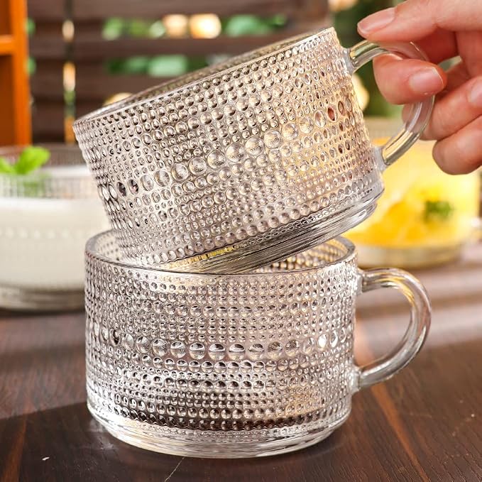 Vintage Glass Coffee Mugs Set of 4, 14 Ounces Embossed Glass Coffee Cups - Image 8