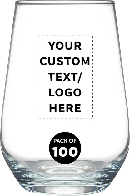 DISCOUNT PROMOS 100 Vaso Silicia Stemless Wine Glasses Set, 16 oz. - Personalized Text, Logo - Clear, Orb-Like, Thick base - Clear