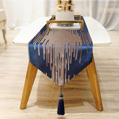Luxury Modern Blue Table Runner, Elegant Abstract Striped, Tassels | Table - Image 4