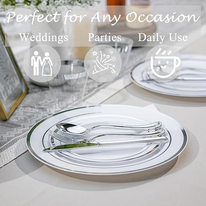N9R 600PCS Silver Disposable Plastic Plates, Silver Plastic Dinnerware Set Includes 100 Dinner Plates, Dessert Plate, Cups, Spoons, Forks, Knives for 100 Guests, Perfect for Party, Wedding, Birthday