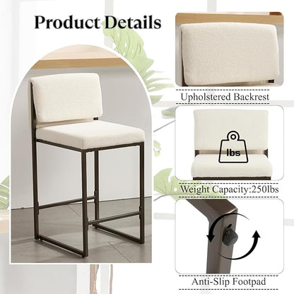 Modern Barstools Set of 2, 26” Upholstered Counter Height Bar Stools Sherpa Fabric Counter Stools with Padded Back Metal Frame for Kitchen Island Dining Room, White