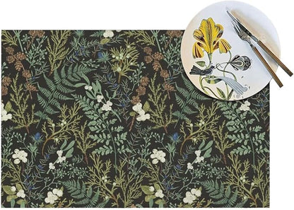 Botanical Print Floral Placemats Set of 4 Black Sage Green Spring Flower Plant Wipeable Table Mats Reusable Washable PVC Rectangle Place Mats for Kitchen Dining Home Decor 12x18 Inches